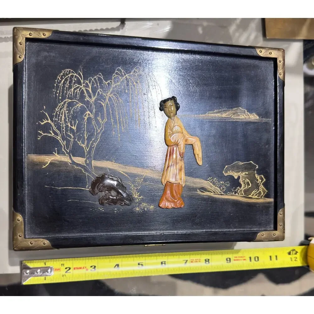 Vintage Black Asian Style Jewelry Box with Mirror Ring Rolls and Brass Hardware